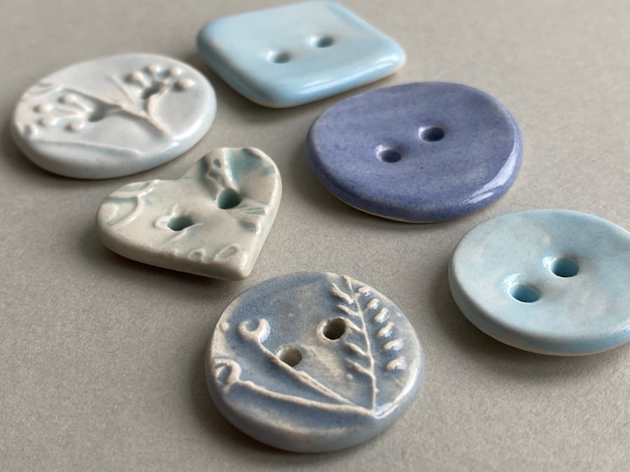 Buttons handmade Mixed set of Six ceramic pastel blue buttons