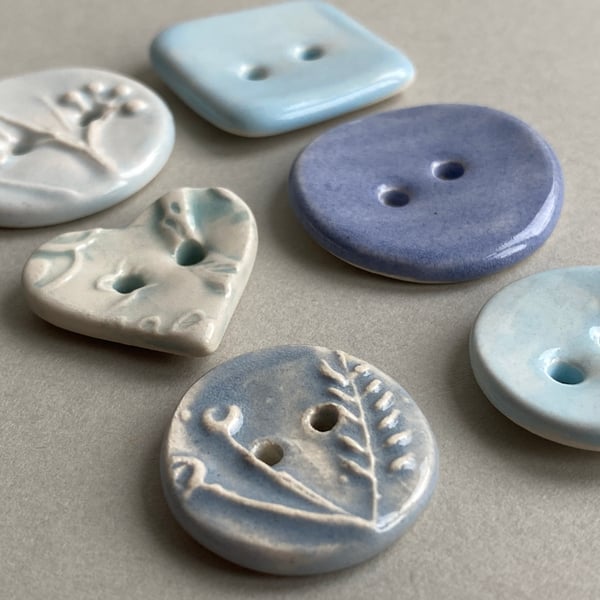 Buttons handmade Mixed set of Six ceramic pastel blue buttons