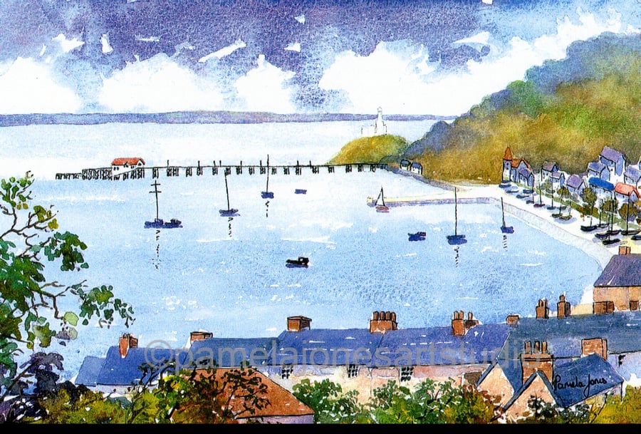 Mumbles from Oystermouth, Swansea, Wales, Watercolour Print in 20 x 16'' Mount