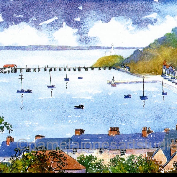 Mumbles from Oystermouth, Swansea, Wales, Watercolour Print in 20 x 16'' Mount