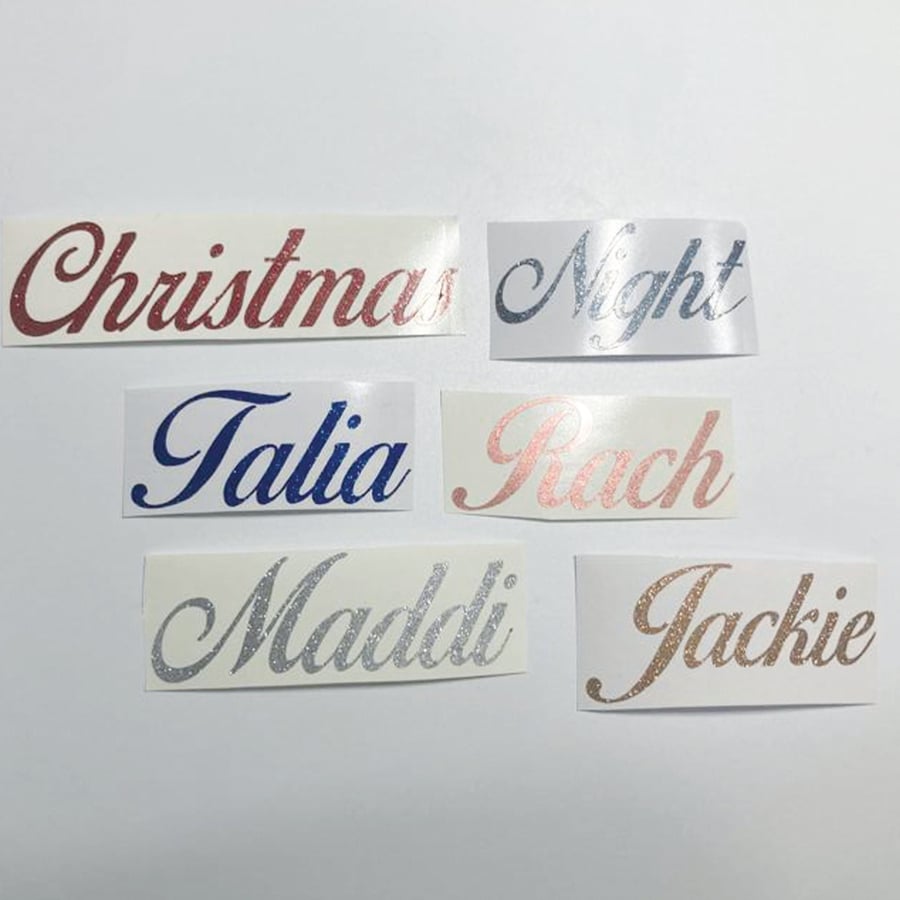 Personalised Multiple Colour and sizes Italic Glitter Name Vinyl Wedding Sticker