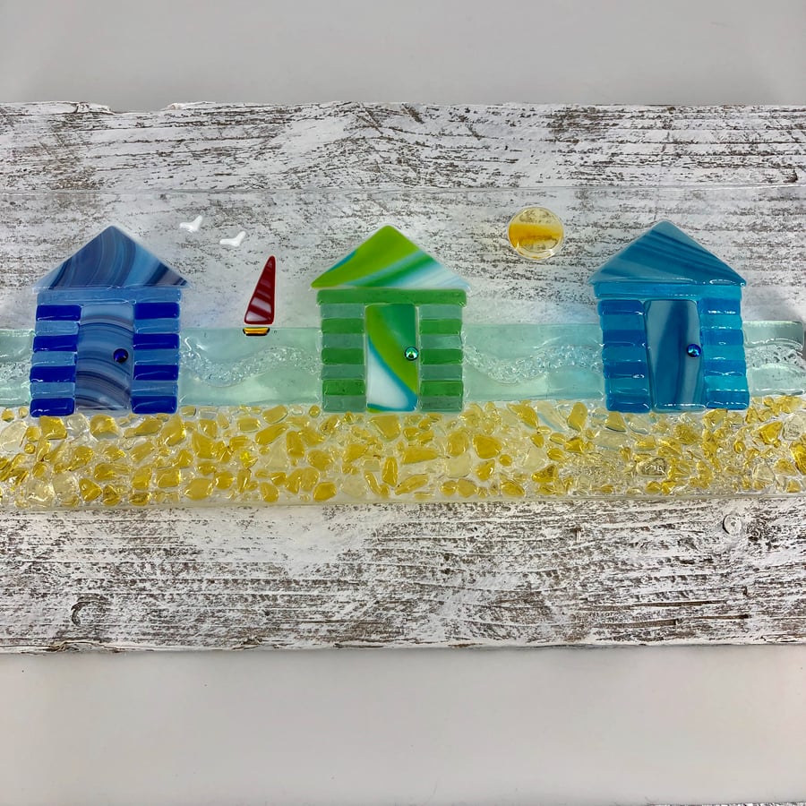 Fused Glass Beach Huts Picture - Mounted on Reclaimed Wood
