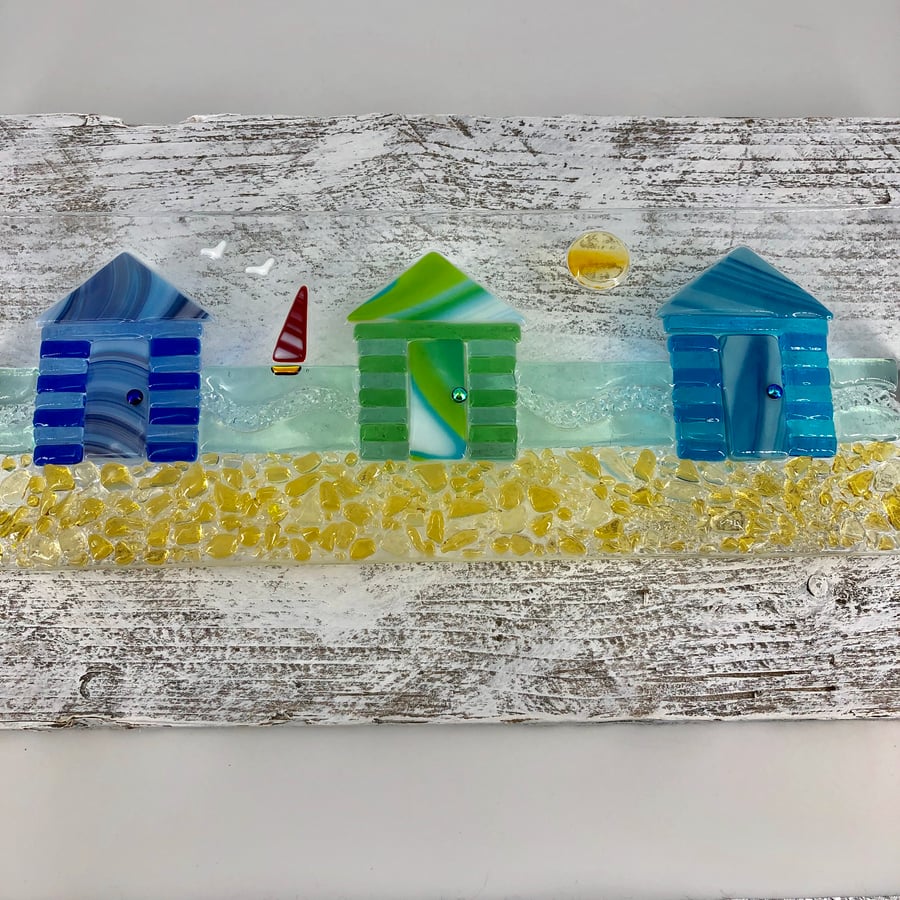 Fused Glass Beach Huts Picture Mounted on Rec... Folksy