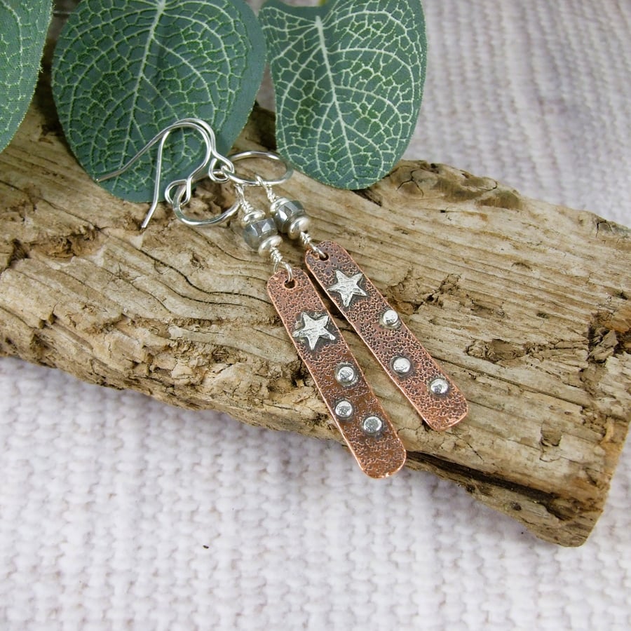 Earrings, Sterling Silver, Copper and Labradorite Mismatched Long Droppers