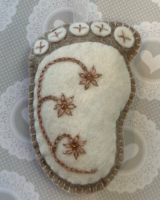 Hanging new baby footprint gift, first Christmas, birth, christening nursery. 