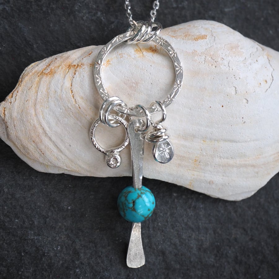 Silver Charm Cluster Pendant Necklace, Turquoise, Silver Necklace Pendant