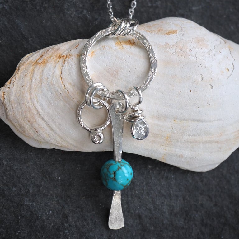 Silver Charm Cluster Pendant Necklace, Turquoise, Silver Necklace Pendant