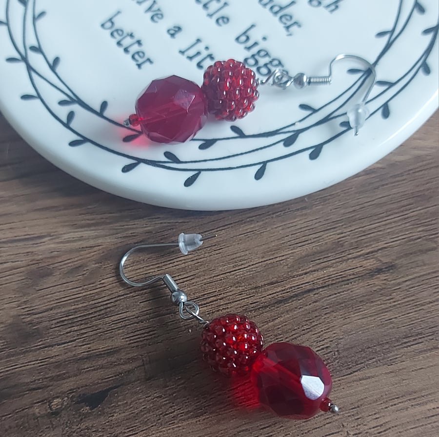 Beaded Bead and Czech Glass Earrings