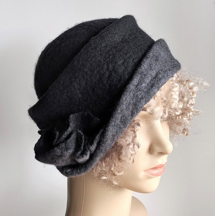 Charcoal felted wool cloche hat with grey brim 