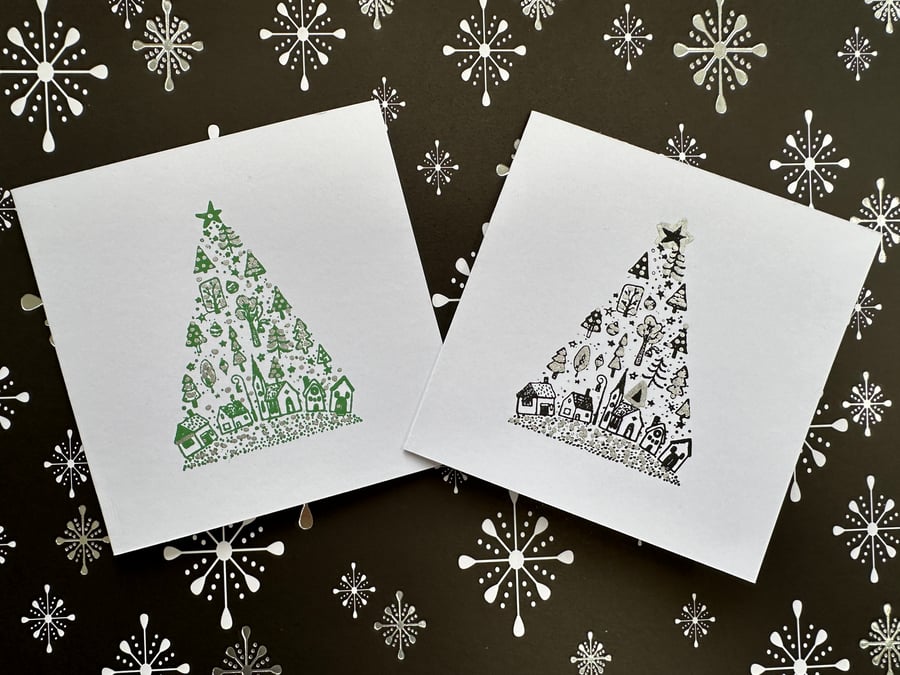 Delightful Christmas tree cards in green and black with silver shimmer. Set of 2