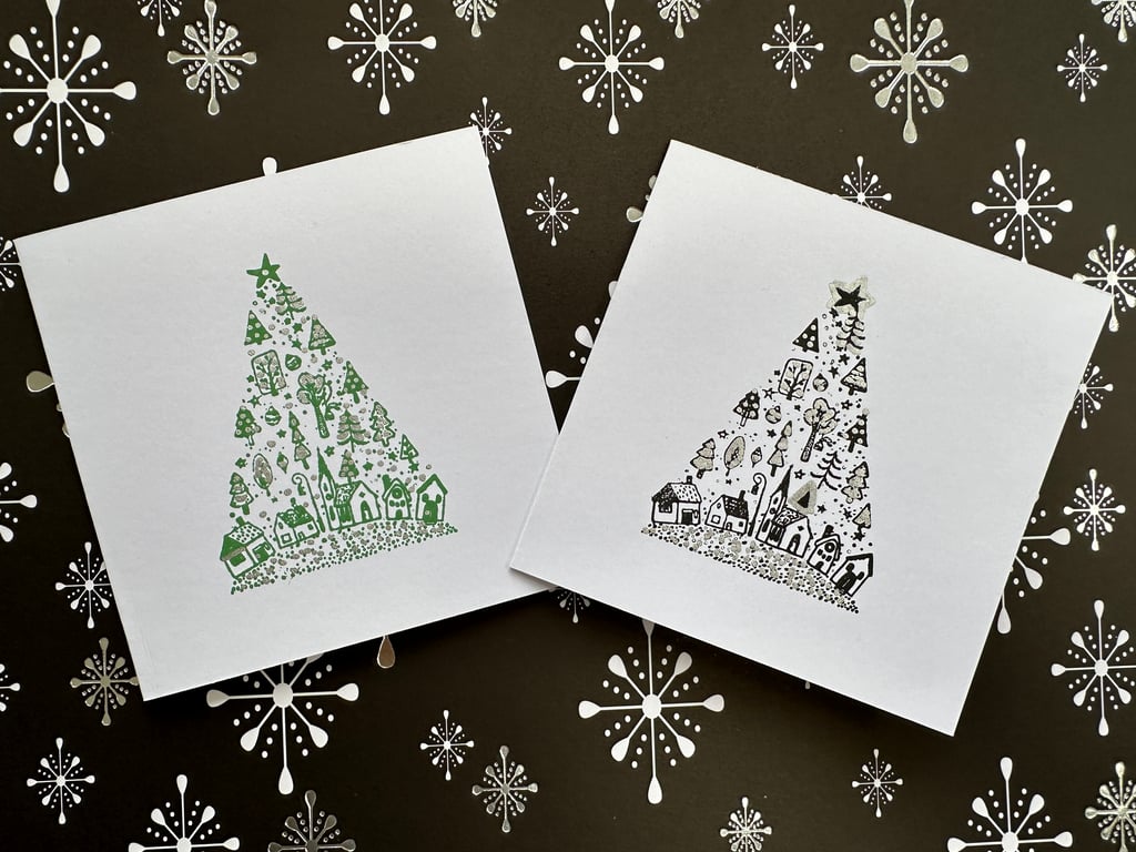 Delightful Christmas tree cards in green and black with silver shimmer. Set of 2