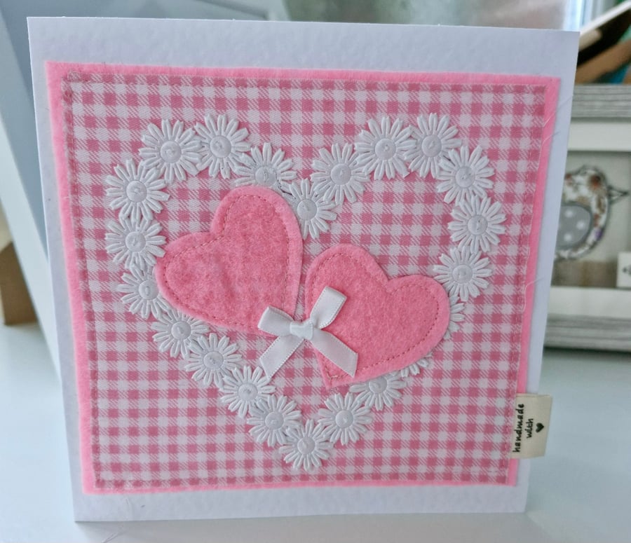Pink Loveheart Mothers Day Birthday Card Free Motion Embroidery Textile Art
