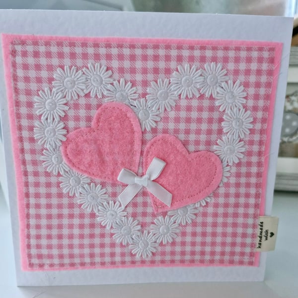 Pink Loveheart Mothers Day Birthday Card Free Motion Embroidery Textile Art