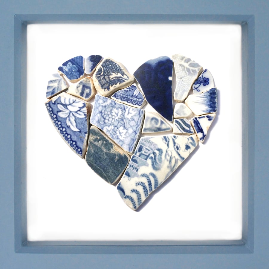 Antique Beach Pottery "Love Heart" Framed Collage Picture. Handmade Seaside Art