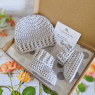 Crochet Baby Beanie and Booties Set in Silver 0-3 Months