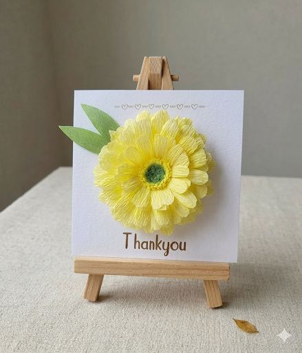 3d yellow crepe paper gerbera thankyou card, handmade floral keepsake