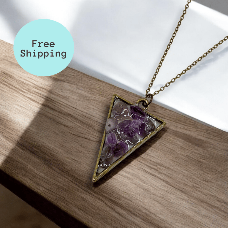 Amethyst Brass plated Triangle Worry Stone Necklace - Free Postage