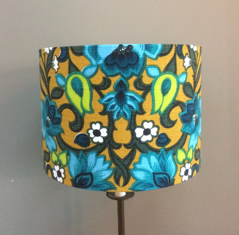 Scandi 60s 70s Blue Lime Mustard Vintage BARKCLOTH Fabric Lampshade option 