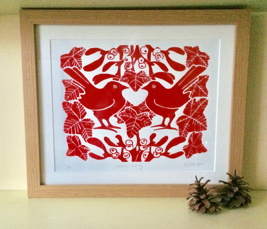 Red Mistletoe & Ivy Linocut Print