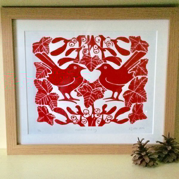 Red Mistletoe & Ivy Linocut Print