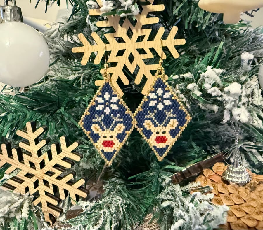 Dark blue handmade Christmas reindeer beadwork earrings