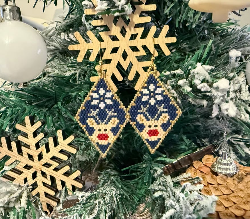 Dark blue handmade Christmas reindeer beadwork earrings