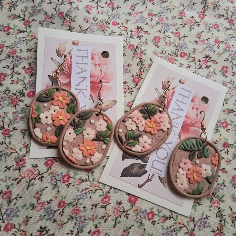 CLEARANCE! polymer clay earrings handmade- reduced-peach floral ovals