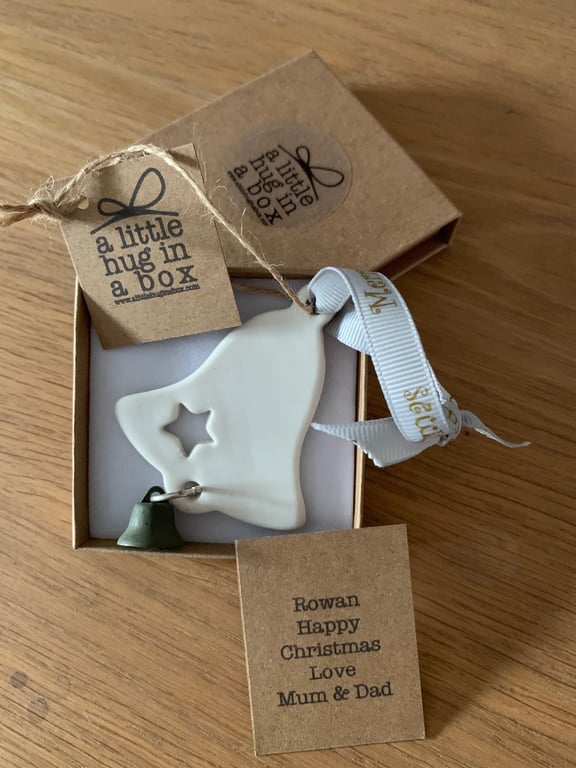 A little hug in a box porcelain bell with green bell Christmas decoration