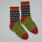 Hand Knit Socks UK Size 4 -5. Green and Gold Stripe Socks. Wool Socks
