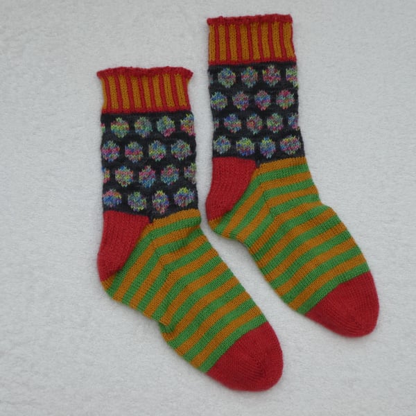 Hand Knit Socks UK Size 4 -5. Green and Gold Stripe Socks. Wool Socks