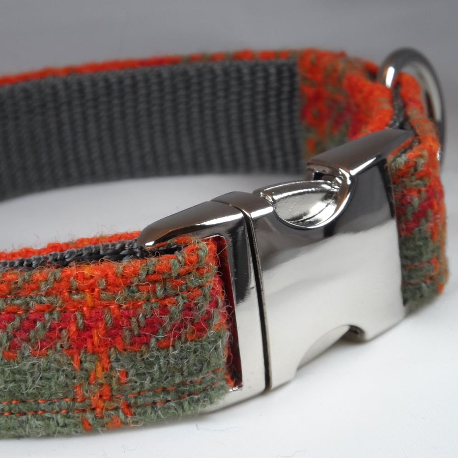 Handmade Harris Tweed Dog Collar - Orange-Khaki Tartan 