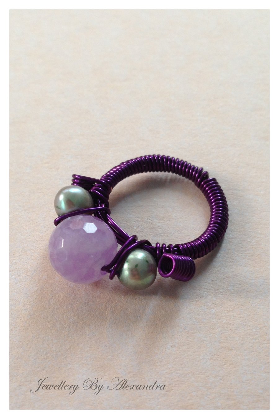 Lavender Amethyst, Green Potato Pearl and Purple Wire Ring