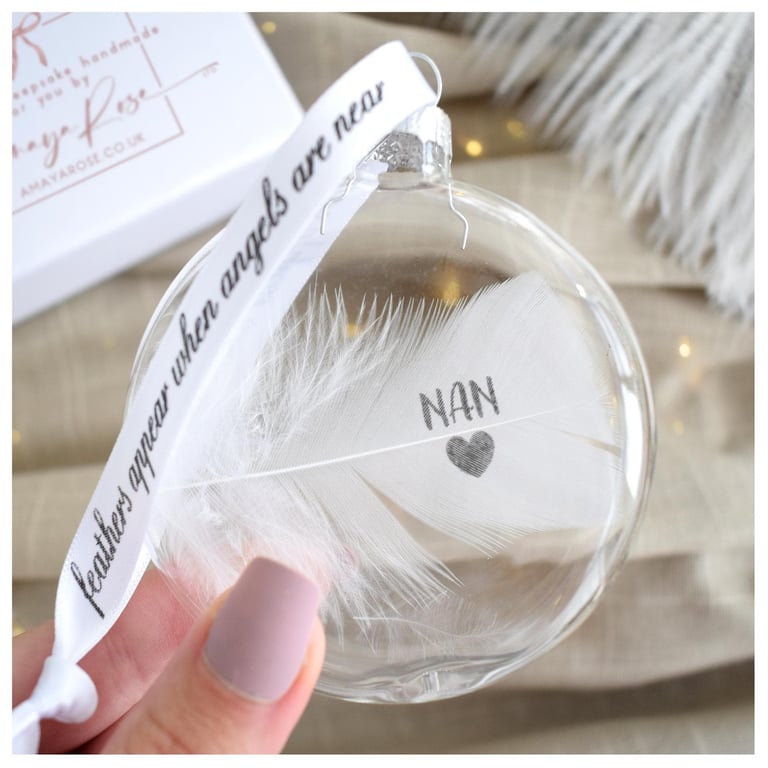Nan Memorial Round Feather Bauble, In Memory of Nan, Round Glass Christmas Ornam