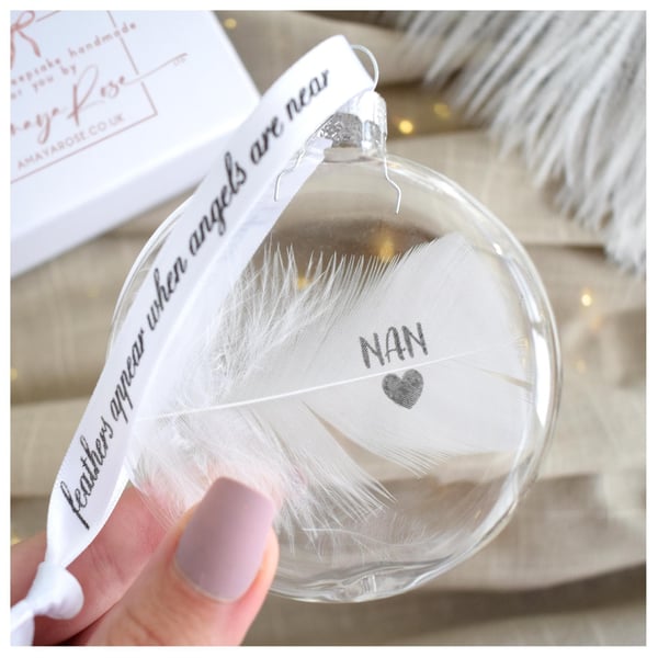 Nan Memorial Round Feather Bauble, In Memory of Nan, Round Glass Christmas Ornam