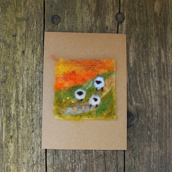 Sheep at Sunrise, Blank Greetings card,   Needlefelt wool card