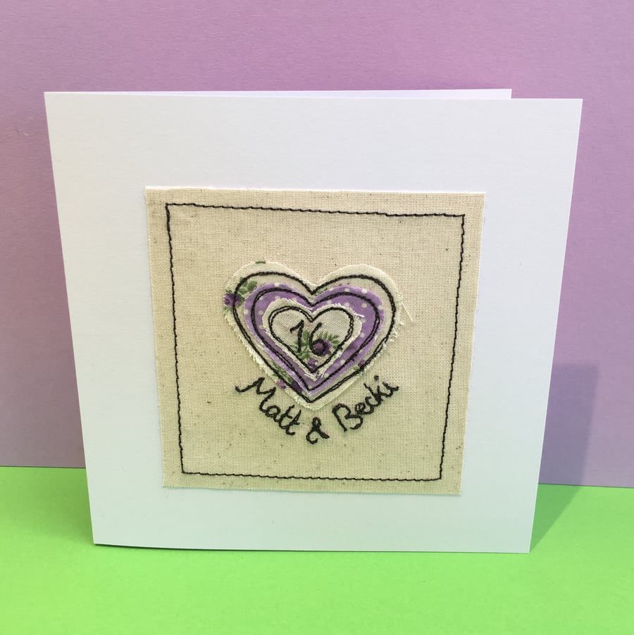 Personalised Wedding Anniversary Card with Embroidered Heart 