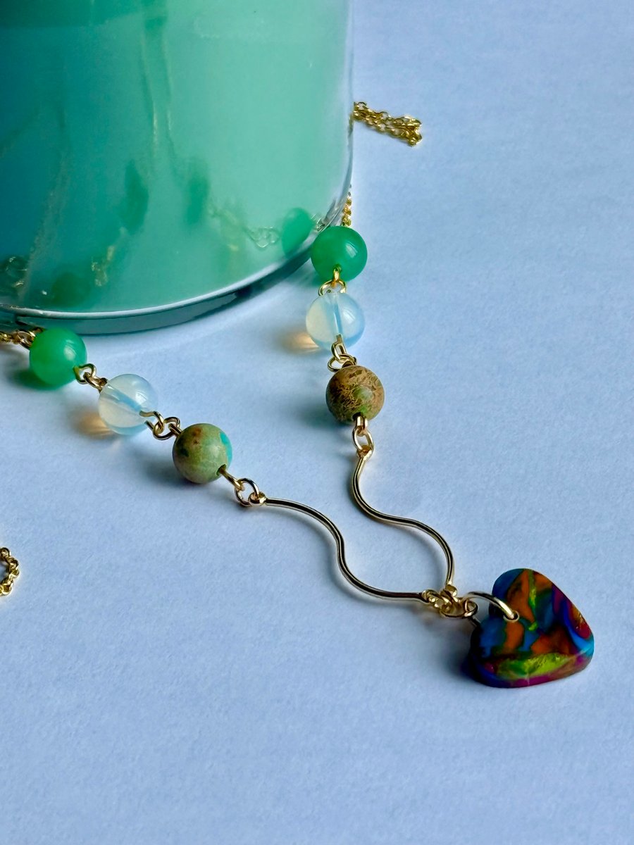 Polymer Heart, Gemstone and Glass Necklace
