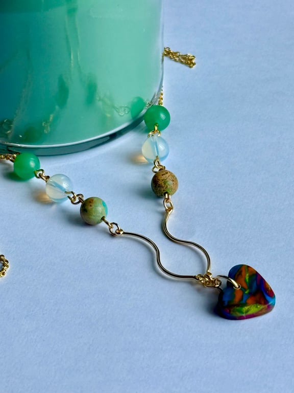 Polymer Heart, Gemstone and Glass Necklace