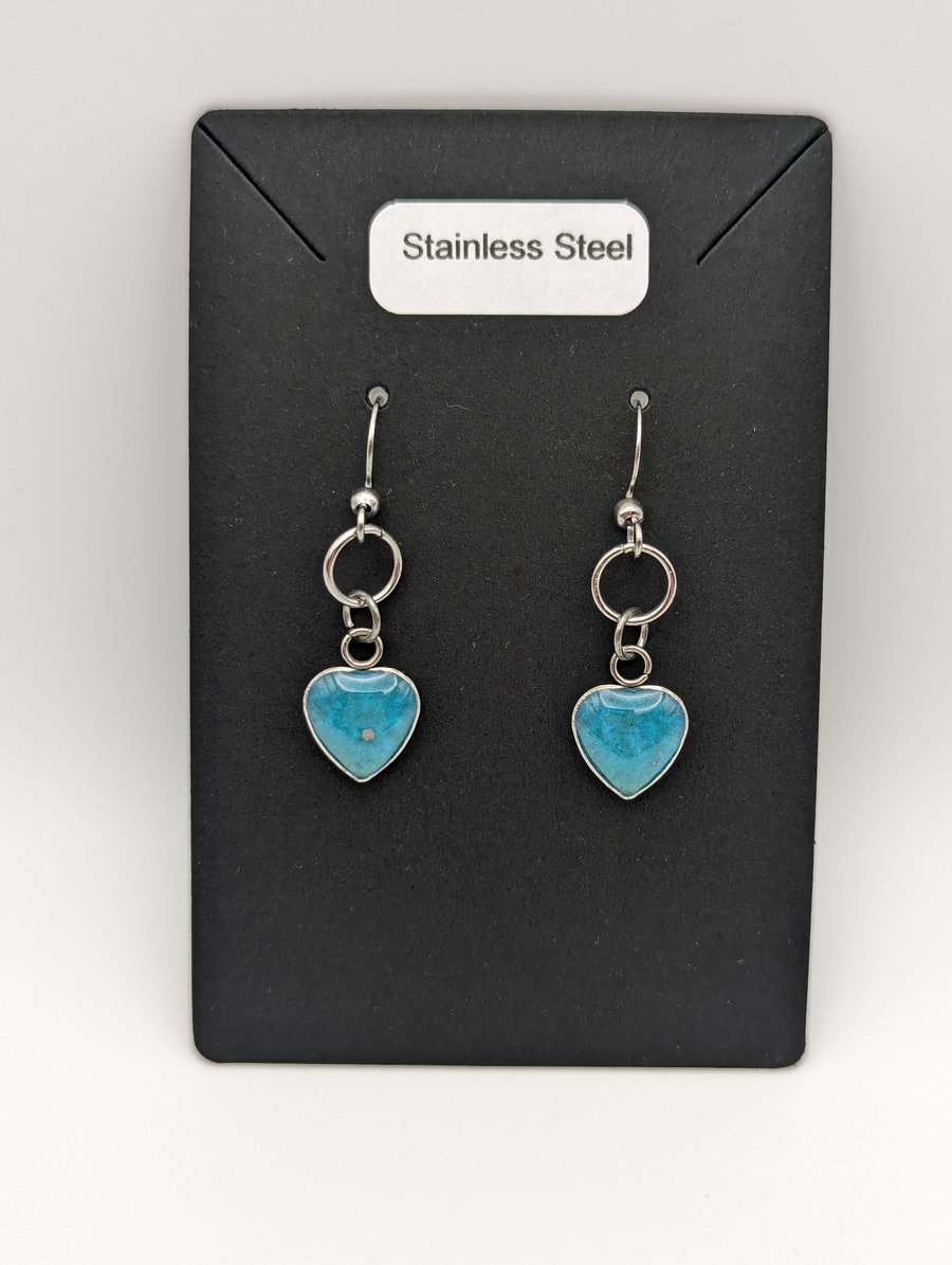 Turquoise Heart Dangle Earrings Stainless Steel Resin Filled Jewellery Gift