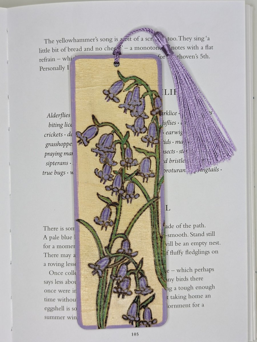 Bluebells wooden bookmark - pyrography - floral gift for a nature lover