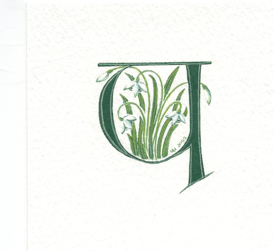 Letter Y' handpainted in dark green with snowdrops custom letter