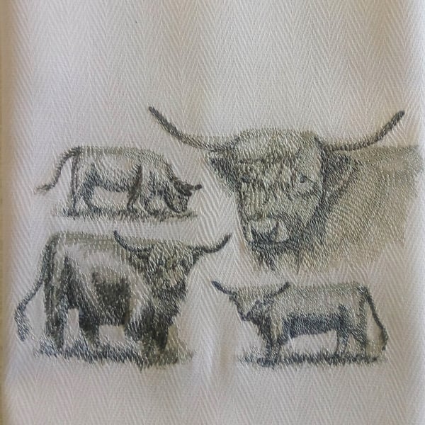 Tea Towel machine embroidered with four Highland cows