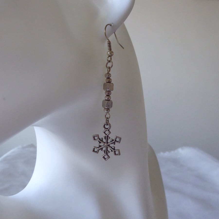 Pair of Dangly Snowflake Earrings with metal cube and rondelle beads  