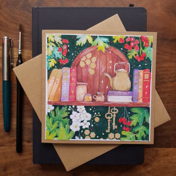 Hawthorn and books handmade blank card, keepsake from original artwork