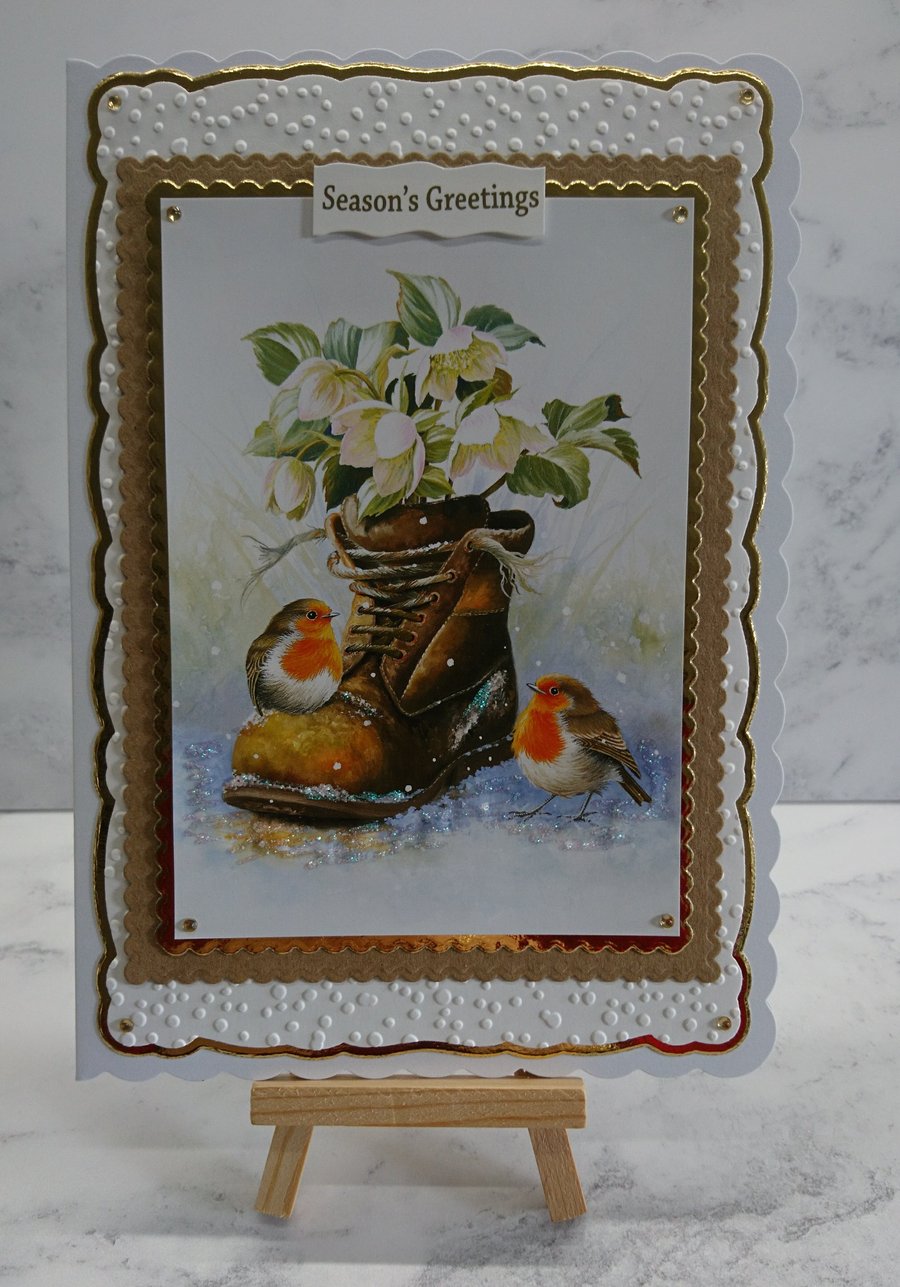 Christmas Card Season's Greetings Robins Old Boot Hellebores 3D Luxury Handmade
