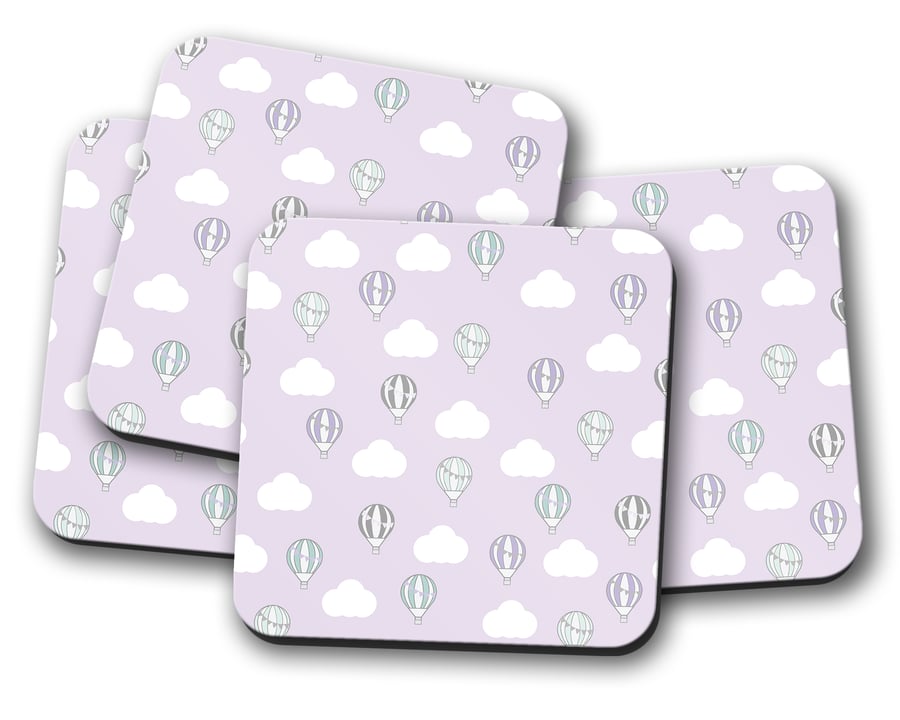 Set of 4 Lilac Coasters with a Hot Air Balloon and Clouds  Design, Drinks Mat