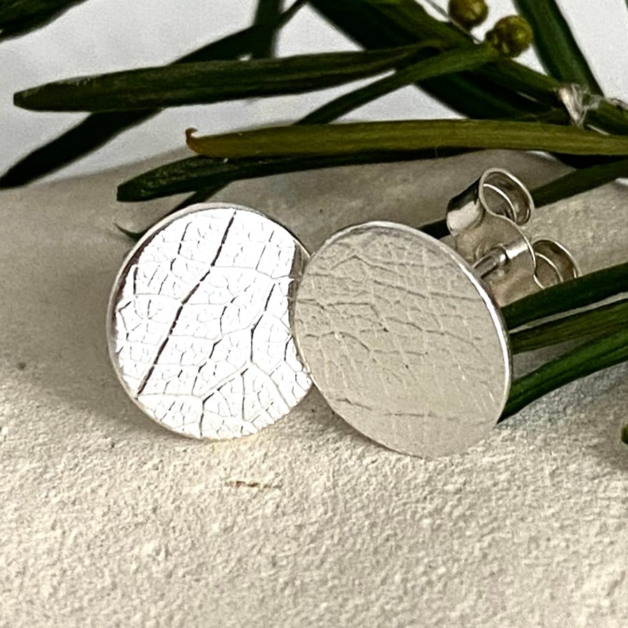  Silver Stud Earrings  - Handmade in UK imprinted with a leaf pattern