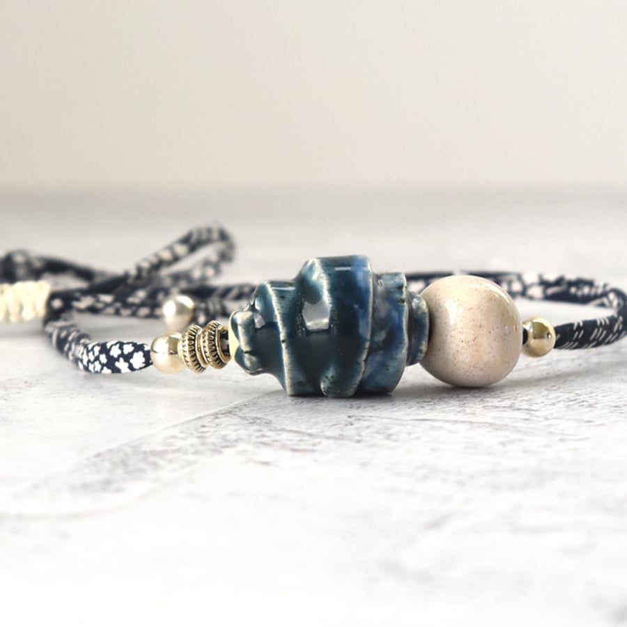 Handmade Ceramic Necklace - clay beads with silver on Liberty band