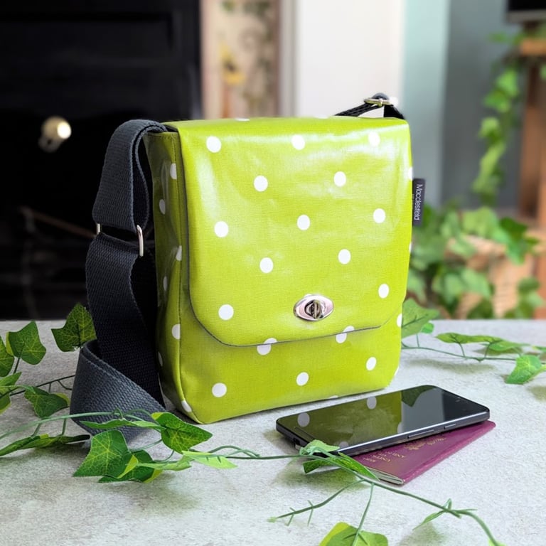 Polka Dot Print, Water-resistant Lime Green Oilcloth, Small Cross Body Bag