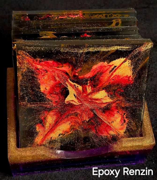 Handmade Resin Coaster Set with Holder - Abstract Floral Design - Home Décor 